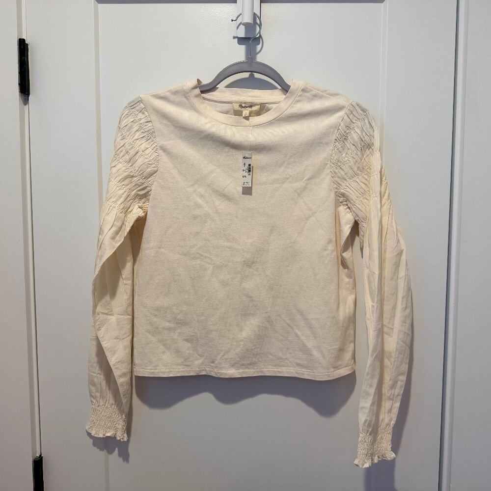 Smocked Long-Sleeve Tee, Vintage Ivory, Size Small NWT